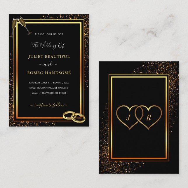 Black Gold Wedding Invitation with Rings (Front/Back)