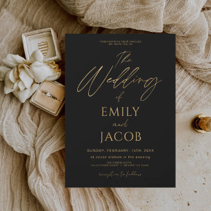 Black Gold Wedding Modern Typography Script Invitation