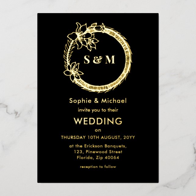 Black Gold Wedding Monogram Wreath   (Front)