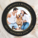 Black Gold Wedding Personalized Photo Classic Round Sticker<br><div class="desc">Add the finishing touch to your wedding with these cute custom photo stickers. Perfect to label your wedding favours to all your guests, and for envelope stickers to send out thank you cards . Customize these photo stickers with your favourite couples photo, dog of honours photo, or your newlywed photo...</div>