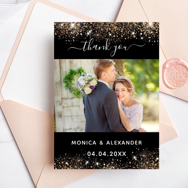 Black gold wedding photo thank you card (Creator Uploaded)