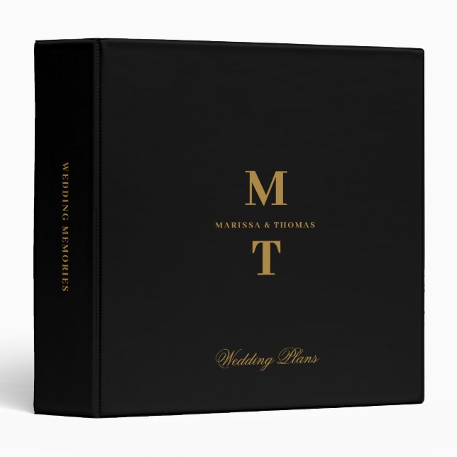 Black & Gold Wedding Plans Monogram Planners Binder (Front/Spine)