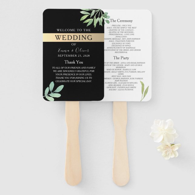 Black Gold Wedding Program Hand Fan (Front and Back)