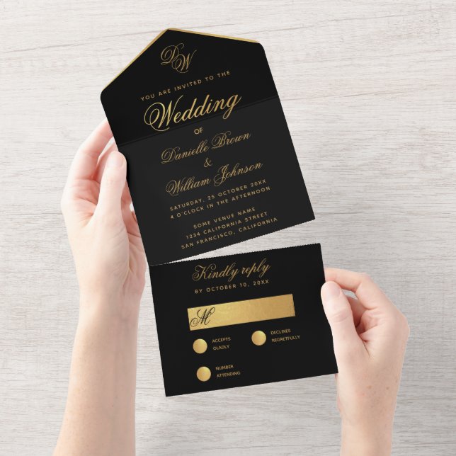 Black Gold Wedding Simple Elegant Script Monogram  All In One Invitation (Tearaway)