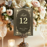 Black Gold Wedding Vintage Elegant Script Table Number<br><div class="desc">This black and gold, elegant wedding table number, with a vintage air, has a vintage golden frame with baroque gold decorations on a black background. The names and the title Table are written in an elegant calligraphic script. All text can be personalized and has a golden colour similar to the...</div>