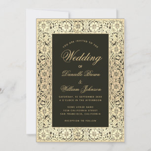 Black Gold Wedding Vintage Floral Elegant Script Invitation