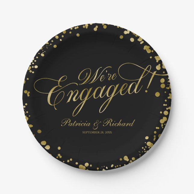 Black Gold We're Engaged Engagement Party Paper Plate (Front)