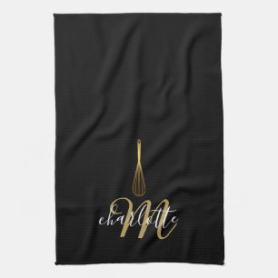 Black Gold Whisk Script Monogram Kitchen Towel