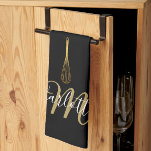 Black Gold Whisk Script Monogram  Kitchen Towel