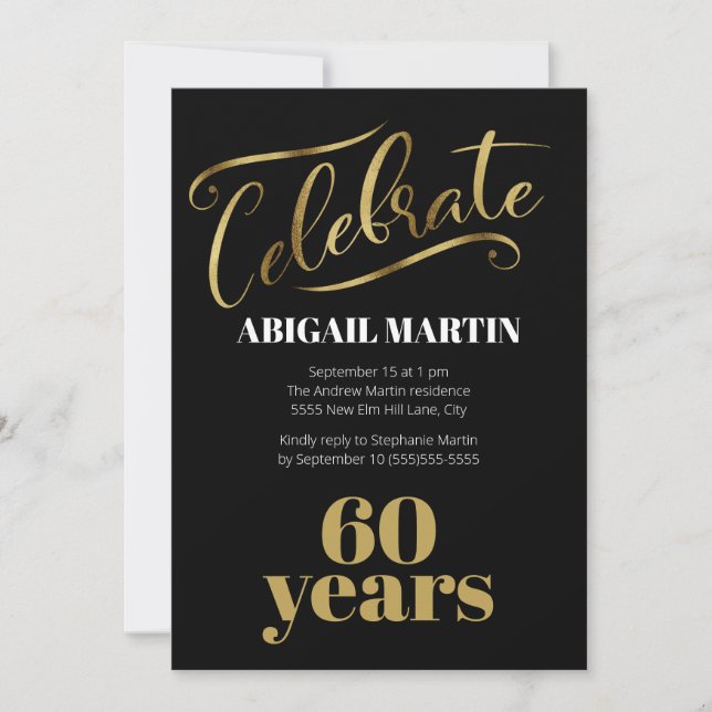 Black Gold White 60th Birthday Party Invitation (Front)
