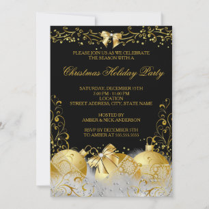 Black Gold White Bauble Christmas Holiday Party Invitation