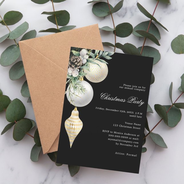 Black gold white baubles company Christmas Party Invitation (Creator Uploaded)