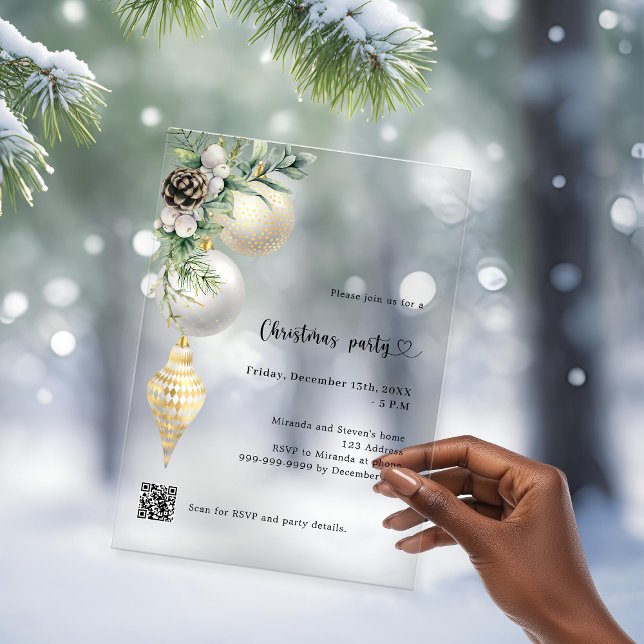 Black gold white baubles QR code Christmas Party Acrylic Invitations (Creator Uploaded)