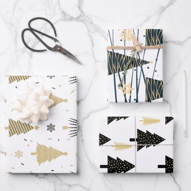 Black Gold White Christmas Tree Holiday Pattern Wrapping Paper Sheet (Front)
