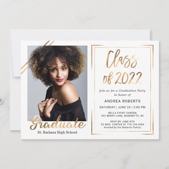 Black Gold White Class of 2022 Photo Graduation Invitation (Front)