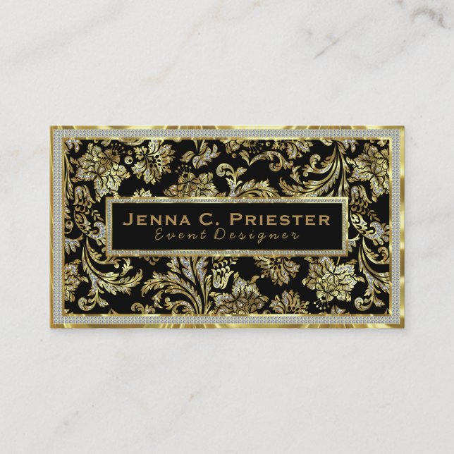 Black Gold & White Faux Glitter Floral Damasks Business Card (Front)