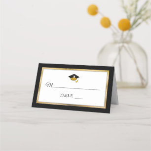 Black Gold White Grad Cap Place Cards