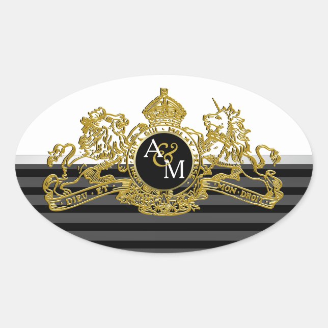 Black Gold White Lion Unicorn Emblem Monogram Oval Sticker (Front)