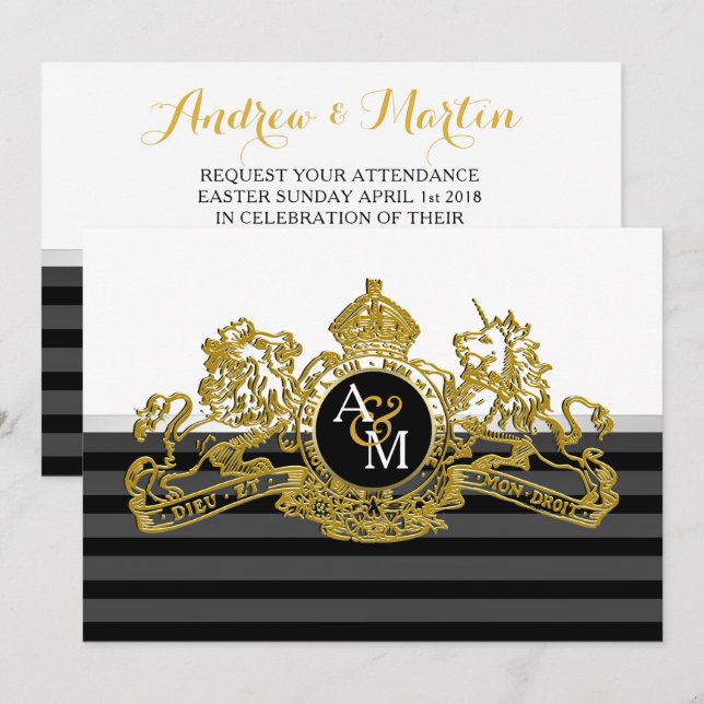 Black Gold White Lion Unicorn Regal Emblem Wedding Invitation (Front/Back)