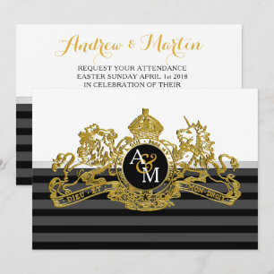 Black Gold White Lion Unicorn Regal Emblem Wedding Invitation
