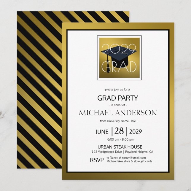 Black Gold White Male Graduate Graduation Party Invitation (Front/Back)