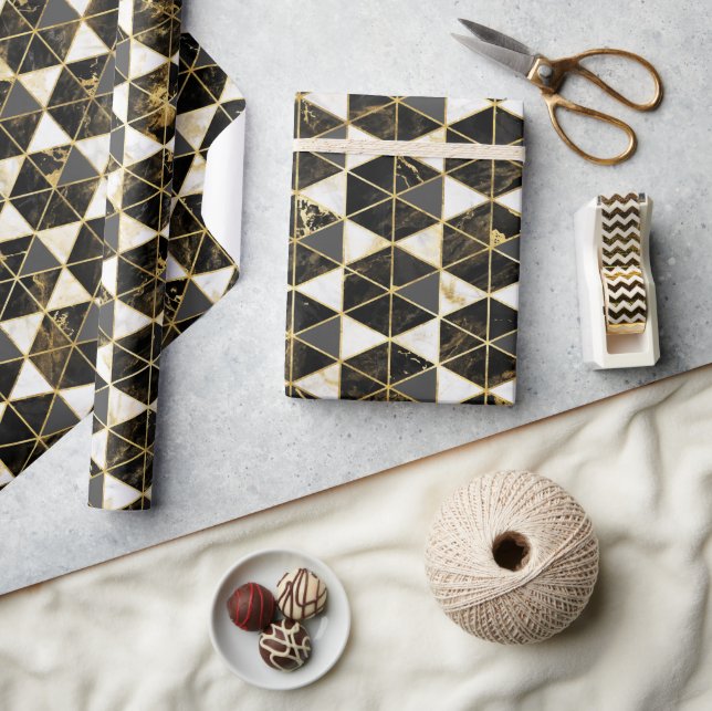 Black, Gold & White Marble Texture Geometric Wrapping Paper (Crafts)