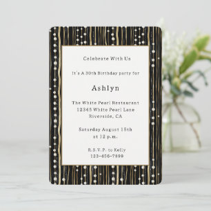 Black Gold White Pearls Birthday Invitation