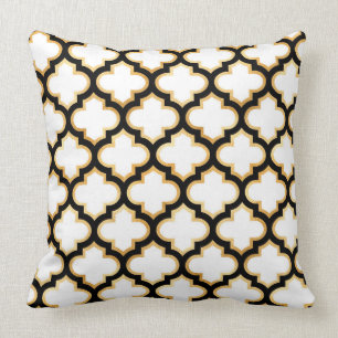 Black Gold White Quatrefoil Trellis Pillow