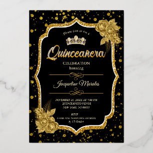 Black Gold & White Quinceañera Birthday Invitation