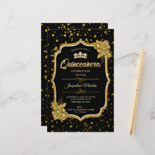 Black Gold & White Quinceañera Birthday Invitation Stationery