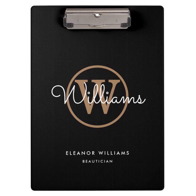 Black Gold White Script Monogram Name Clipboard (Front)