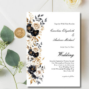 Black Gold White Watercolor Floral Elegant Wedding Invitation