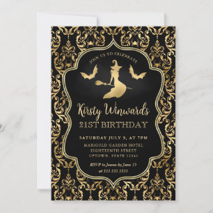 Black Gold Witch and Spiders Damask 21st Birthday Invitation