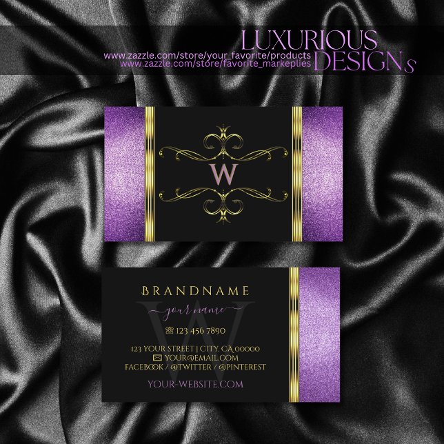 Black Gold with Purple Glitter Ornamental Monogram Business Card (Creator Uploaded)