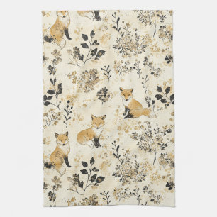 Black Gold Woodland Fox Floral Pattern Kitchen Towel