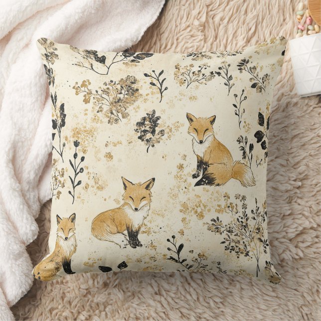 Black Gold Woodland Fox Floral Pattern Throw Pillow (Blanket)