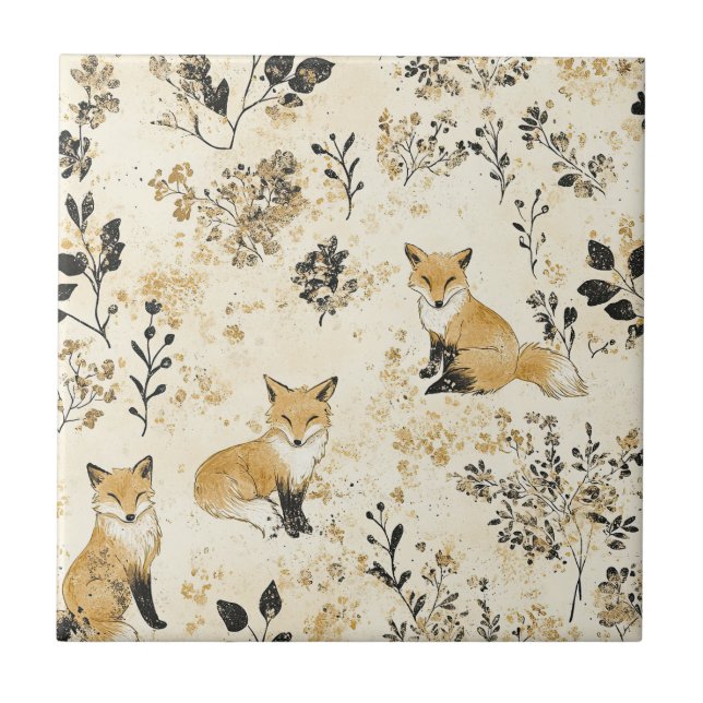 Black Gold Woodland Fox Floral Pattern Tile (Front)