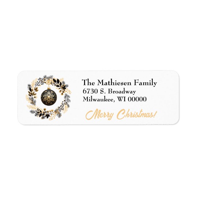 Black Gold Wreath Holiday Bulb Return Address (Front)