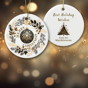 Black Gold Wreath Holiday Ceramic Ornament