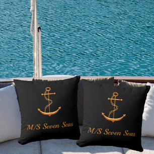 Black gold yacht boat anchor name coastal throw pillow