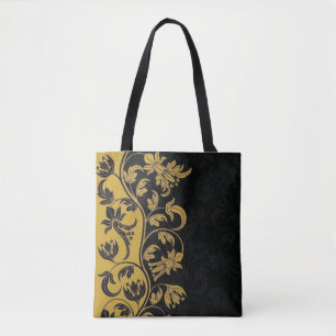 black gold yellow flowers leaves tote bag