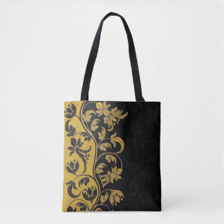 black gold yellow flowers leaves tote bag