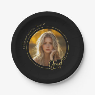 Black Gold Yellow Photo Graduation Paper Plate