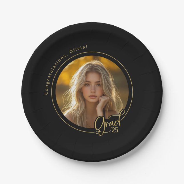 Black Gold Yellow Photo Graduation Paper Plate (Front)
