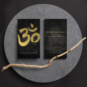 Black Gold Yoga Instructor Om Symbol Floral Linen Business Card