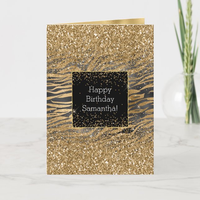 Black Gold Zebra Print Glittery Glitz Card (Front)