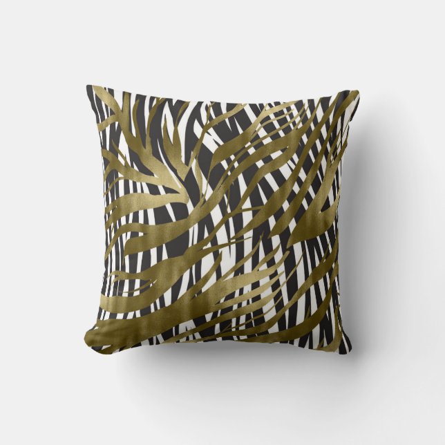 Black & Gold Zebra Print Safari Chic Glamour Throw Pillow (Front)