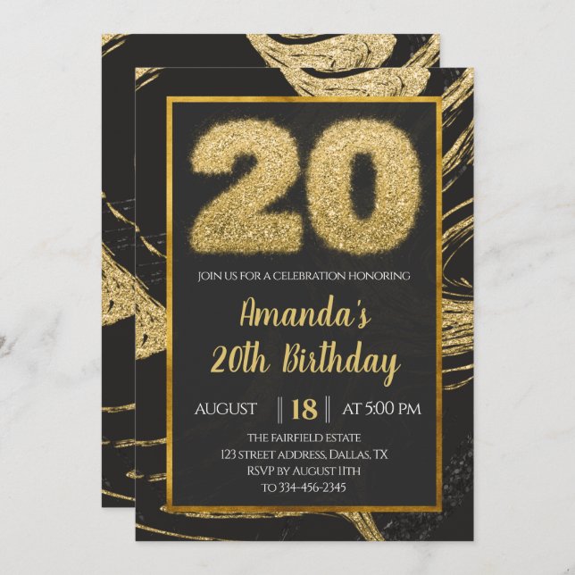 Black Golden 20th Birthday Invitation (Front/Back)