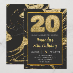 Black Golden 20th Birthday Invitation