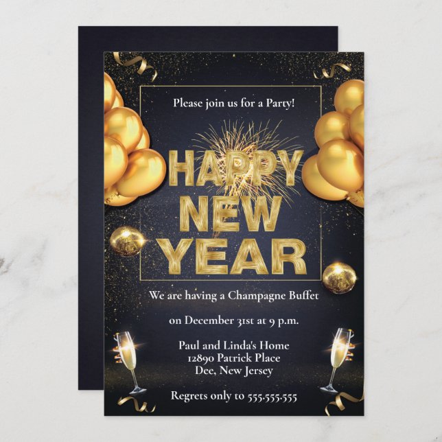 Black & Golden Balloons New Years Party Invitation (Front/Back)